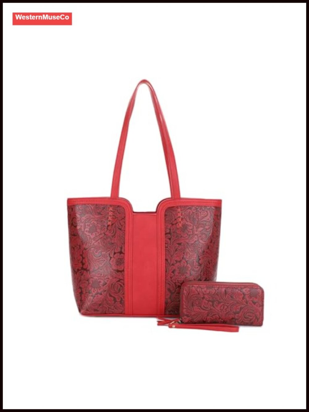 Faux Leather Floral Tooled Tote Satchel with Lock & Key Hidden Compartment